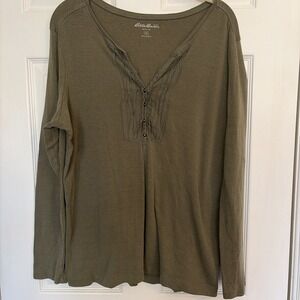 Eddie Bauer Green Cotton Blend Henley Button Long Sleeve Top Women's XXL Hiking